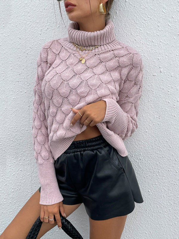 Women's Turtleneck Pullover Diamond Knit Sweater Pink