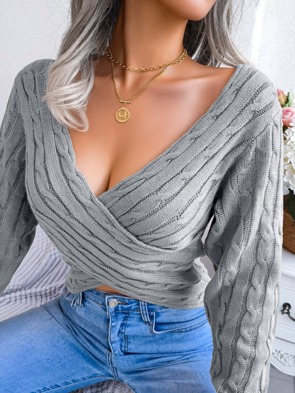 Women's Sexy Cross V-Neck Twist Long Sleeve Crop Sweater