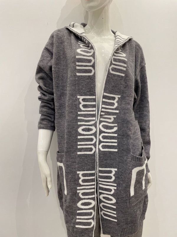Autumn and winter mid-length cardigan Amazon letter hooded knitted women's clothing Grey