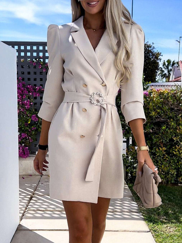 Women's Solid Color In A Double-breasted Blazer Dress And Belt