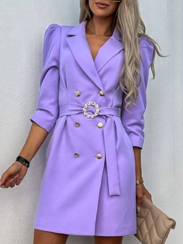 Women's Solid Color In A Double-breasted Blazer Dress And Belt Purple