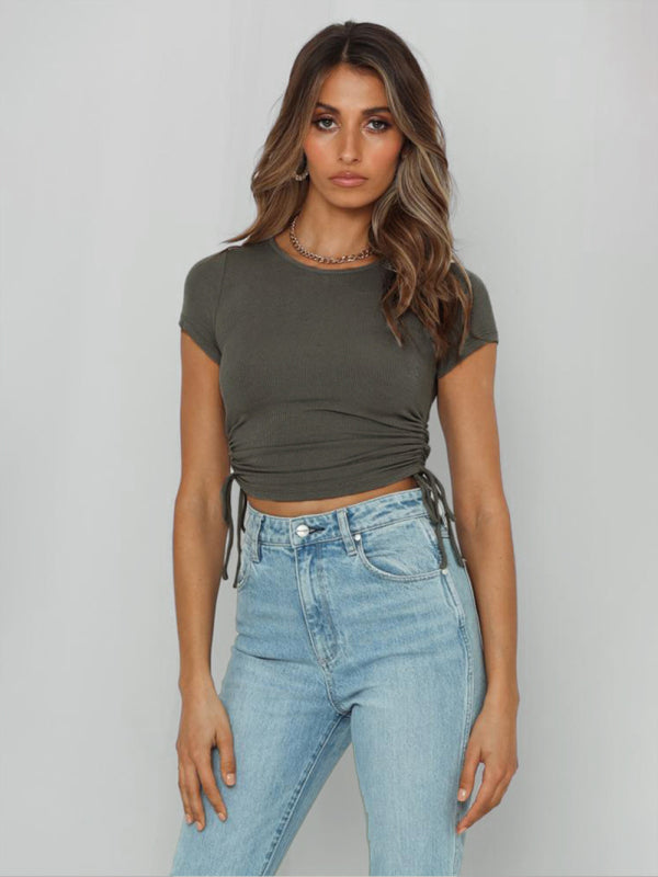 Women's Solid Color Ruched Side Crop T-shirt Charcoal grey