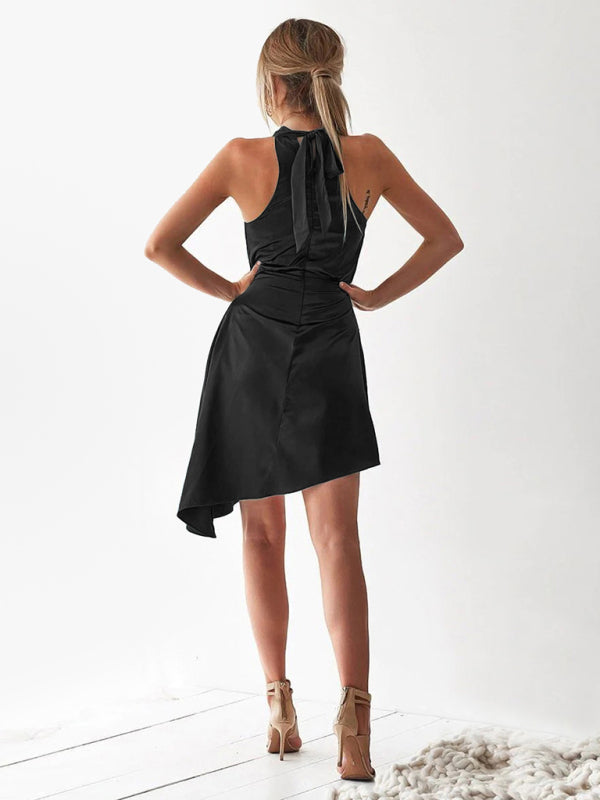 Satin tie irregular halterneck dress party skirt
