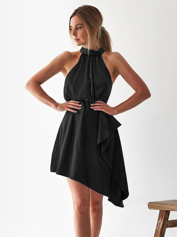 Satin tie irregular halterneck dress party skirt Black