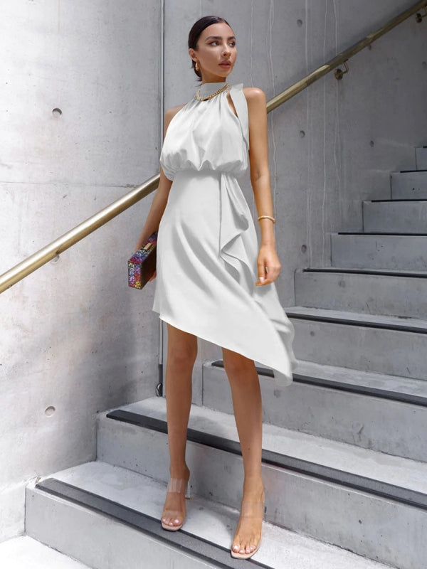 Satin tie irregular halterneck dress party skirt