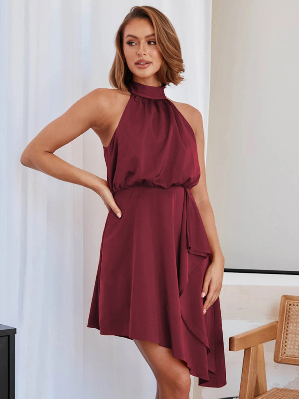 Satin tie irregular halterneck dress party skirt Wine Red