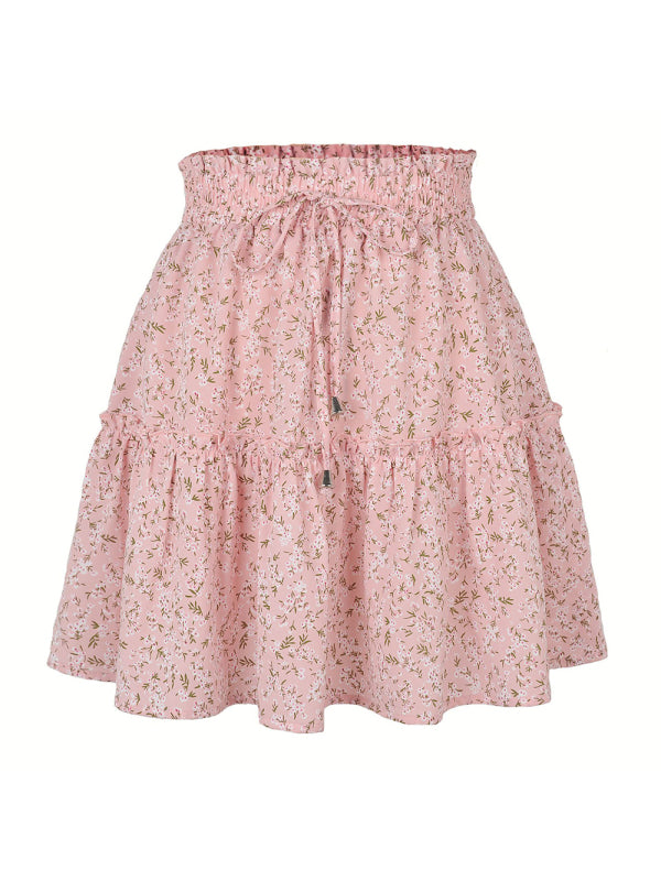 Women's Solid Color Tiered Ruffle Waist Tie Mini Skirt Pink print