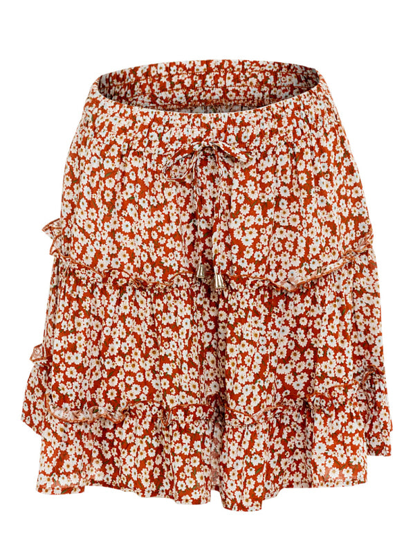 Women's Solid Color Tiered Ruffle Waist Tie Mini Skirt New orange