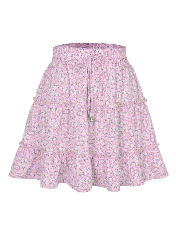 Women's Solid Color Tiered Ruffle Waist Tie Mini Skirt New pink