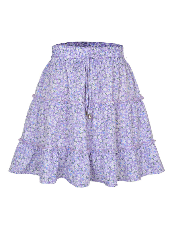 Women's Solid Color Tiered Ruffle Waist Tie Mini Skirt New purple