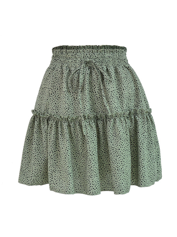 Women's Solid Color Tiered Ruffle Waist Tie Mini Skirt Dark green dot
