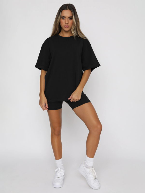 Women's solid color casual short-sleeved + shorts two-piece sets Black