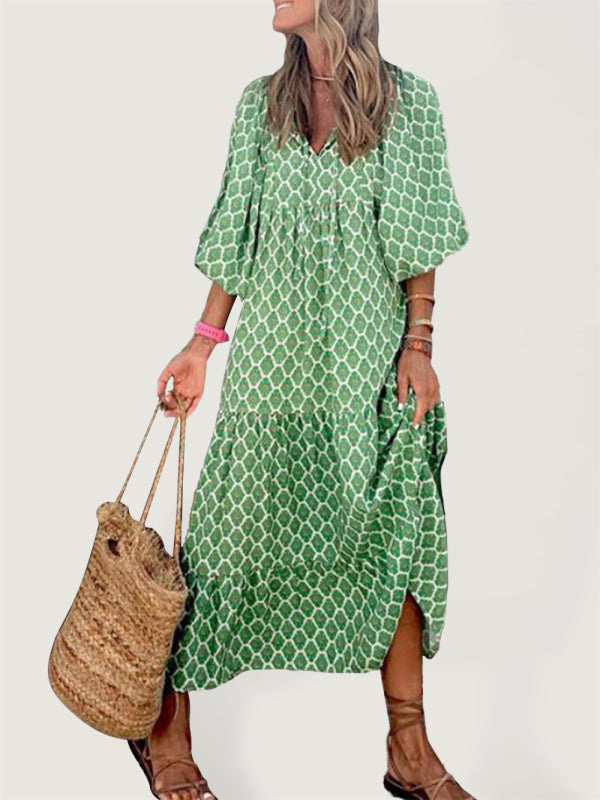 Women's Geometric Print Puff-sleeve Maxi Dress Green