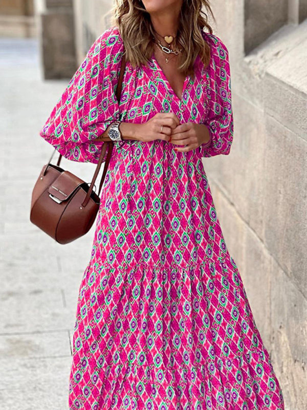 Women's Geometric Print Puff-sleeve Maxi Dress Pattern1