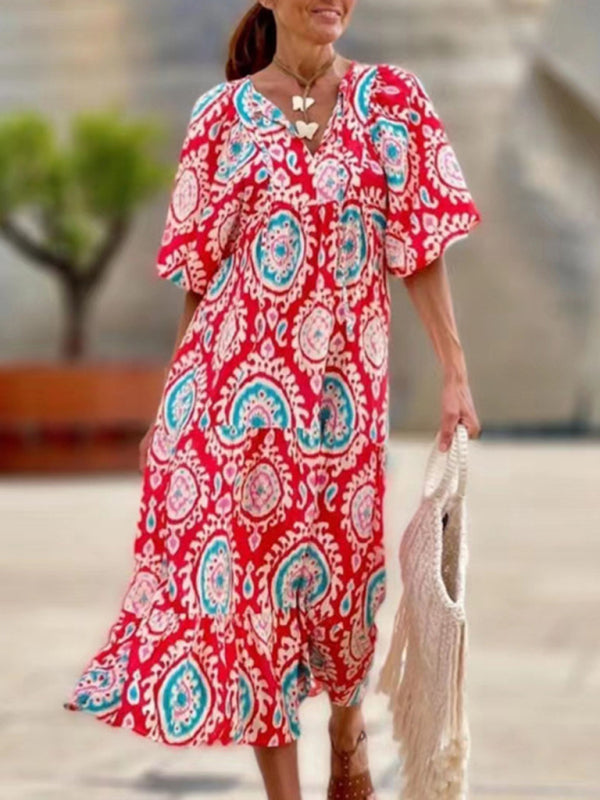 Women's Geometric Print Puff-sleeve Maxi Dress Suit 4