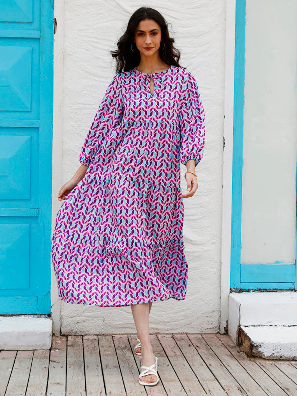 Women's Geometric Print Puff-sleeve Maxi Dress Suit 5