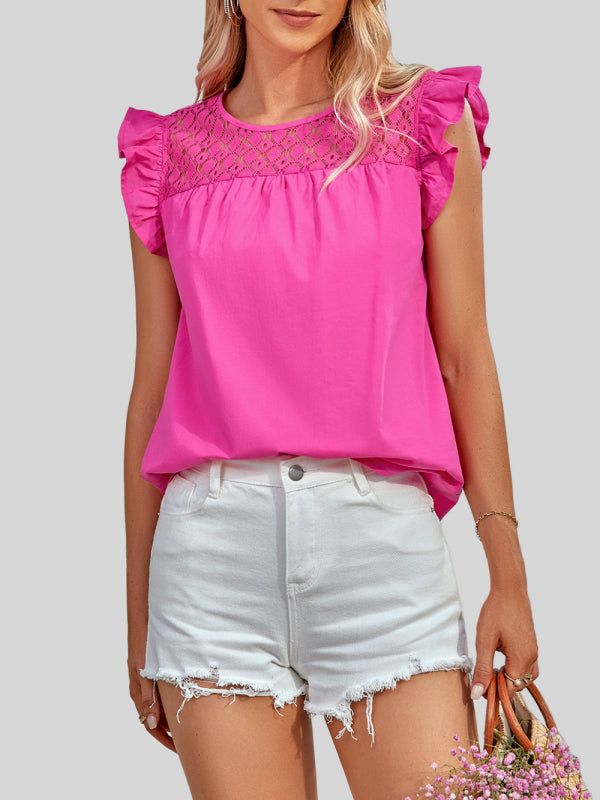 Women's Solid Color Mixed Lace Trim Ruffle Sleeve Top Rose