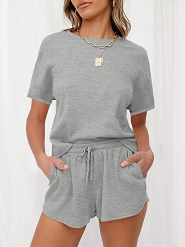 Women's Short Sleeve Loungewear Solid Color Casual Waffle Two-Piece Set Grey