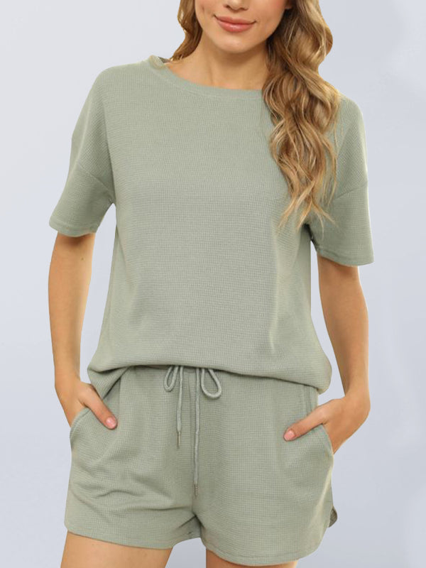 Women's Short Sleeve Loungewear Solid Color Casual Waffle Two-Piece Set Green
