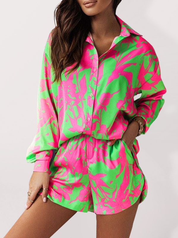 Women's vacation style printed shirt + shorts two-piece sets Green