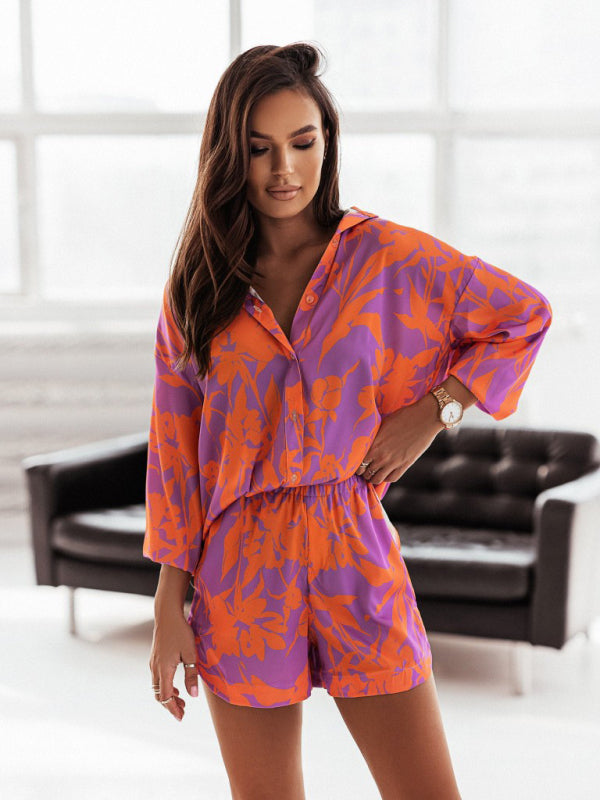 Women's vacation style printed shirt + shorts two-piece sets Orange Red