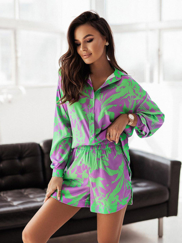 Women's vacation style printed shirt + shorts two-piece sets Purple