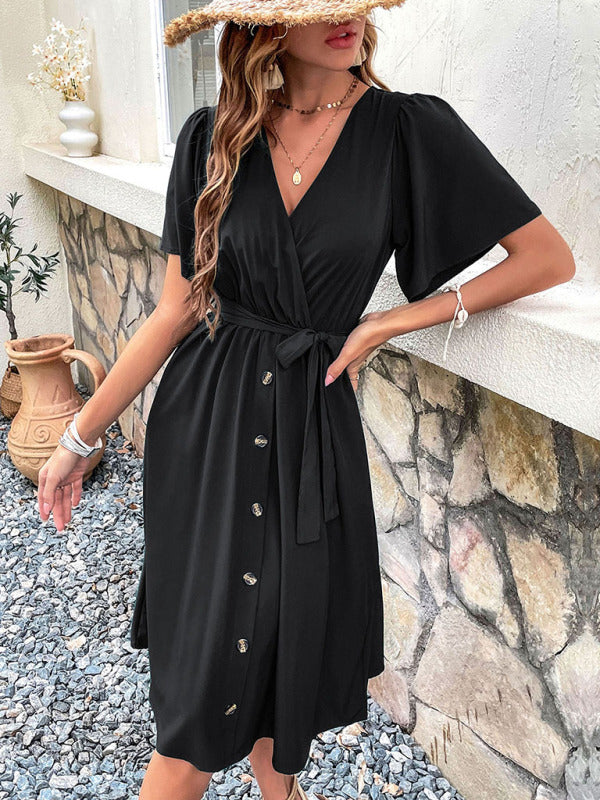 Women's Solid Color Surplice Faux Wrap Button-down Midi Dress Black