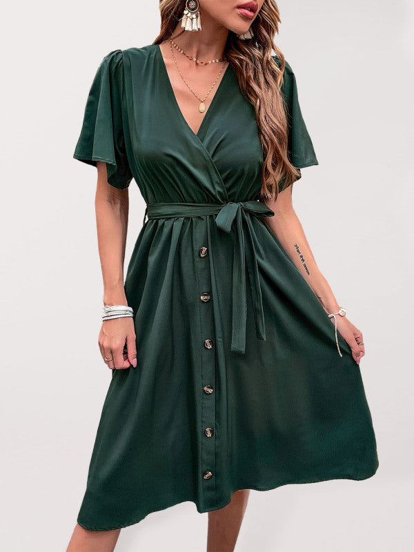 Women's Solid Color Surplice Faux Wrap Button-down Midi Dress Green black jasper