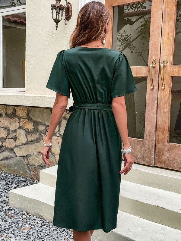 Women's Solid Color Surplice Faux Wrap Button-down Midi Dress