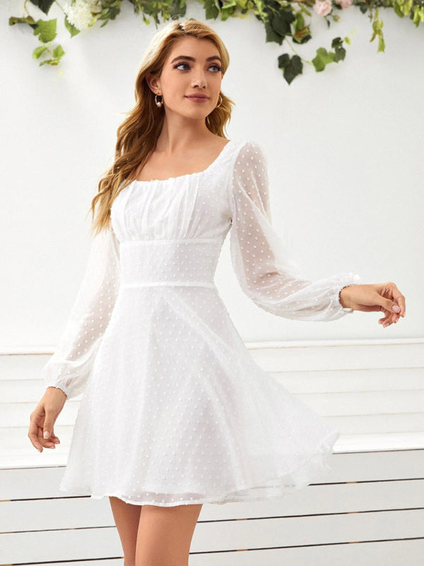 Women's Woven Chiffon Jacquard Elegant Long Sleeve Dress White