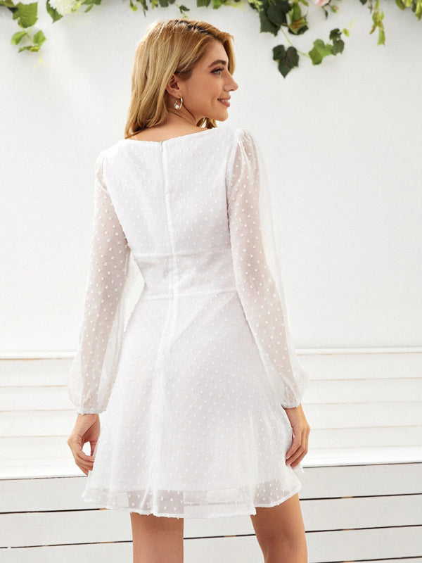 Women's Woven Chiffon Jacquard Elegant Long Sleeve Dress