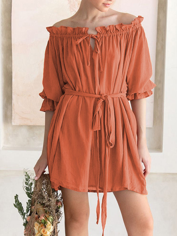 Women's Solid Color Ruffle Off The Shoulder Blouson Dress Brick red