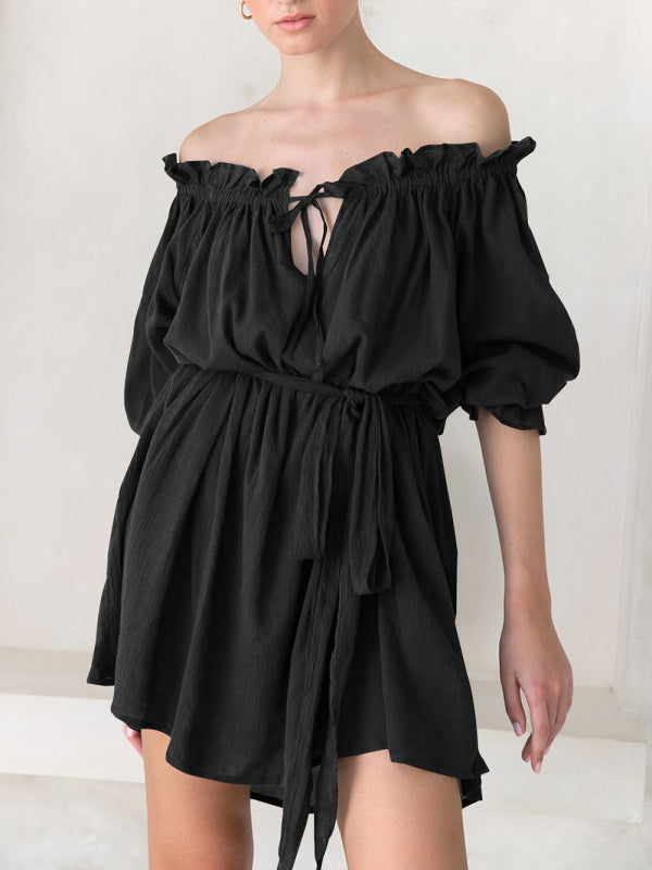 Women's Solid Color Ruffle Off The Shoulder Blouson Dress Black