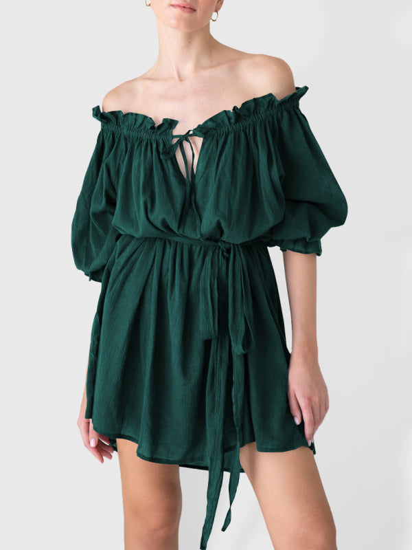 Women's Solid Color Ruffle Off The Shoulder Blouson Dress Green black jasper