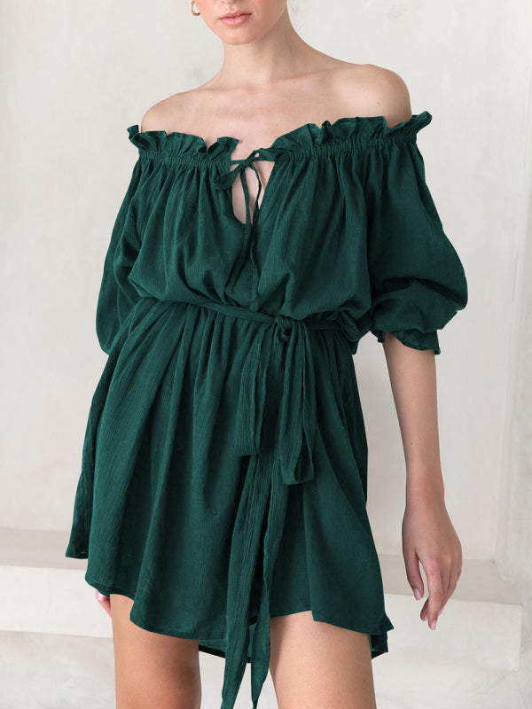 Women's Solid Color Ruffle Off The Shoulder Blouson Dress