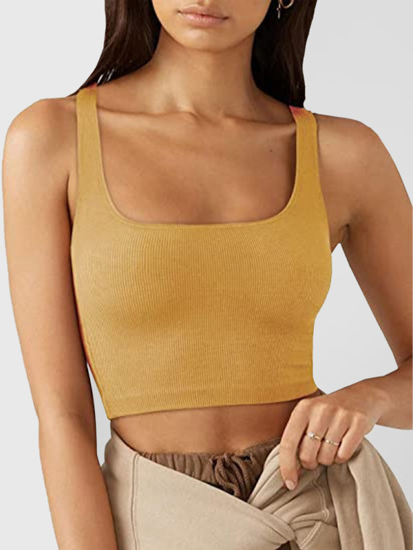 Women's solid color casual thread short vest Yellow