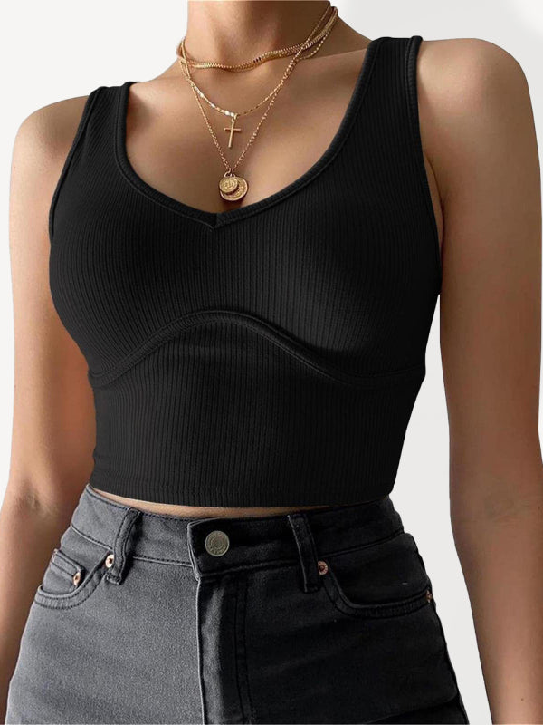 Women's V-Neck Stitching Stretch Solid Color Knit Tank Top Black