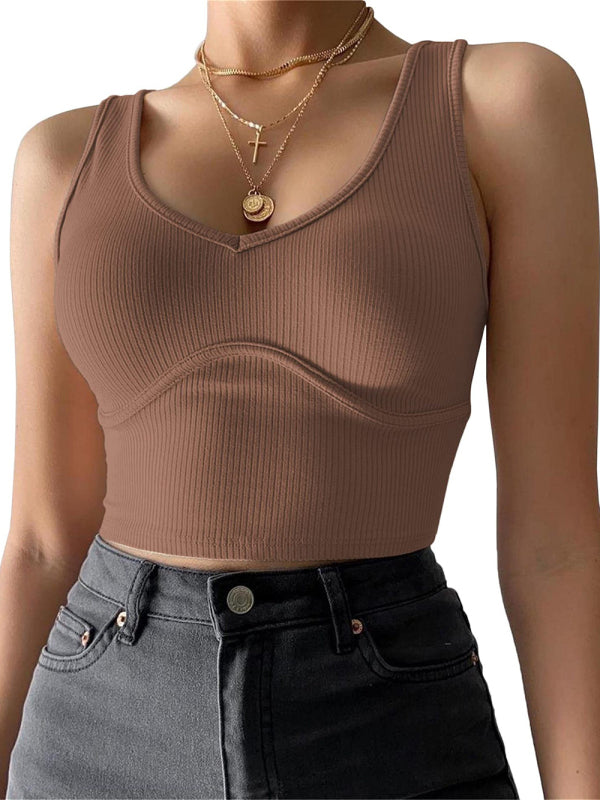 Women's V-Neck Stitching Stretch Solid Color Knit Tank Top Coffe