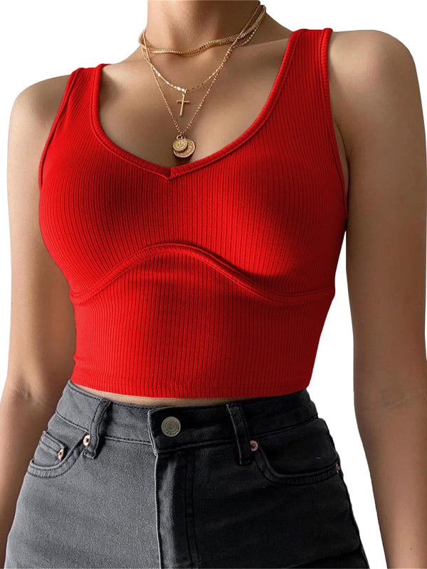 Women's V-Neck Stitching Stretch Solid Color Knit Tank Top Red