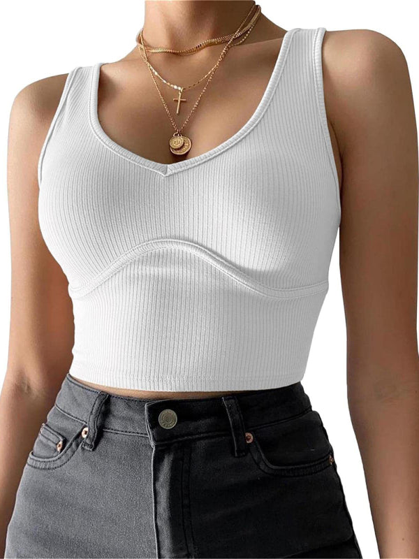 Women's V-Neck Stitching Stretch Solid Color Knit Tank Top White