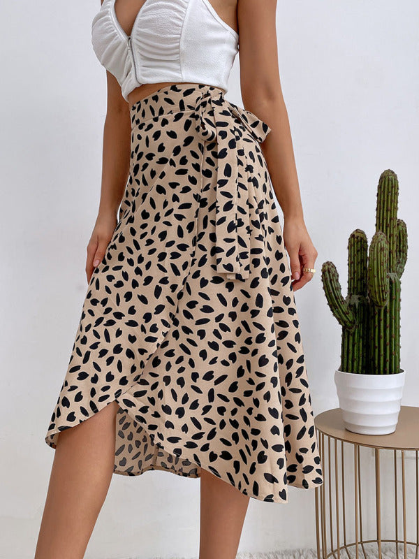 Women's casual all-match temperament polka dot print slit skirt Khaki