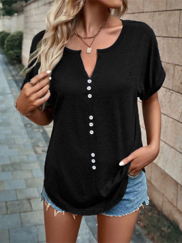 Women's Knitted Casual V-Neck Button Short Sleeve Top Black