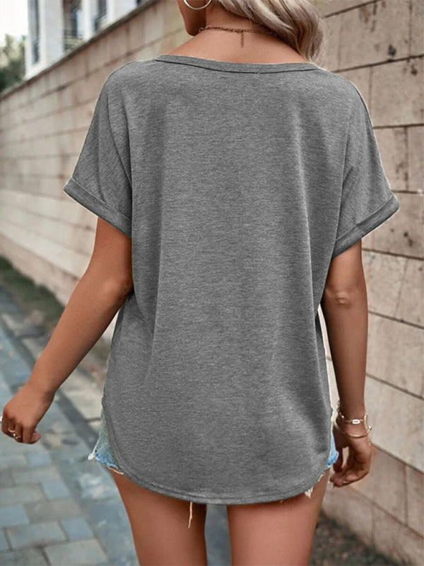 Women's Knitted Casual V-Neck Button Short Sleeve Top Grey