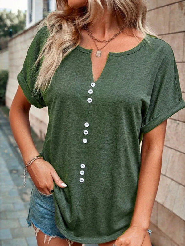 Women's Knitted Casual V-Neck Button Short Sleeve Top Green