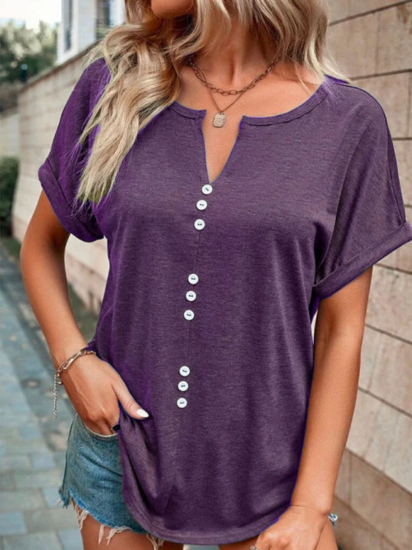 Women's Knitted Casual V-Neck Button Short Sleeve Top Purple