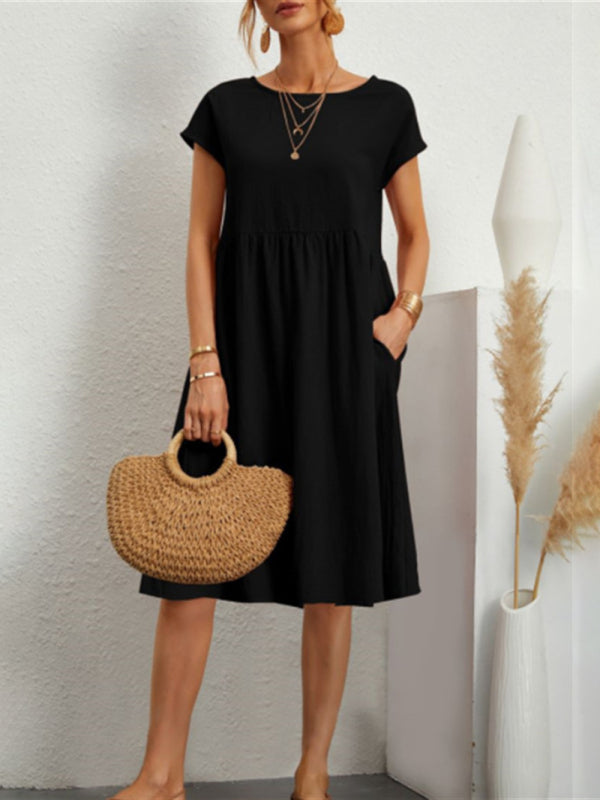 Women's Solid Color Cotton Linen Round Neck A-Line Dress Black