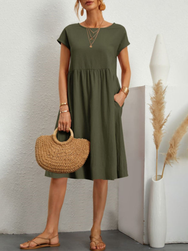 Women's Solid Color Cotton Linen Round Neck A-Line Dress Green