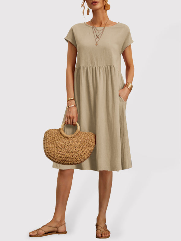 Women's Solid Color Cotton Linen Round Neck A-Line Dress Khaki