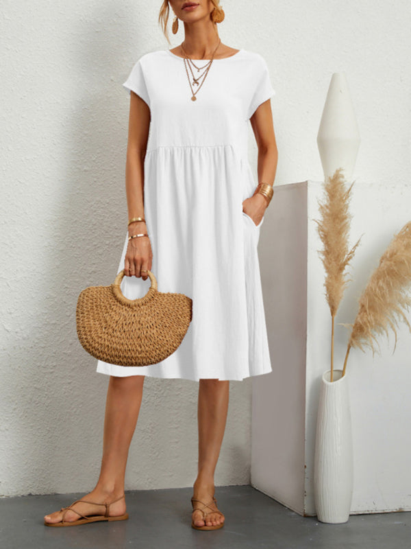 Women's Solid Color Cotton Linen Round Neck A-Line Dress White