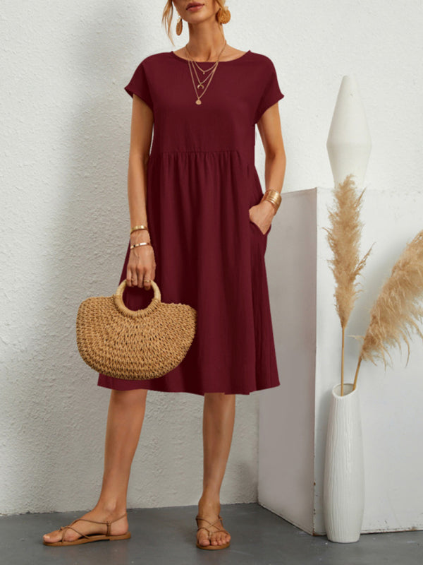 Women's Solid Color Cotton Linen Round Neck A-Line Dress Wine Red